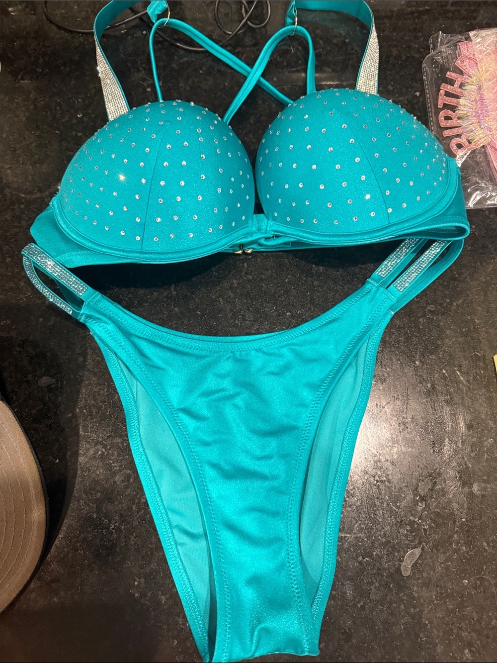 Victoria's Secret Teal Rhinestone Push-Up Bikini Set M bottom 34D top